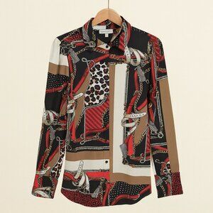 #005 BLOUSEOLOGY | Red & Black & Tan Chain Pattern Buttonup Blouse - Small